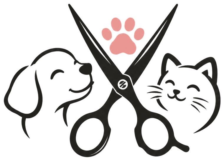 Wow Shears emblem: a happy puppy and kitten beside a pair of grooming shears